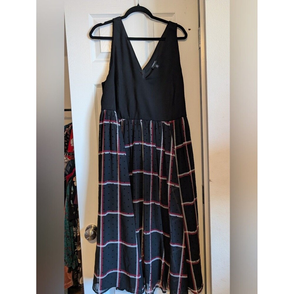 Torrid Size 24 Black Plaid Chiffon Flocked Polka Dot Midi Skater Dress